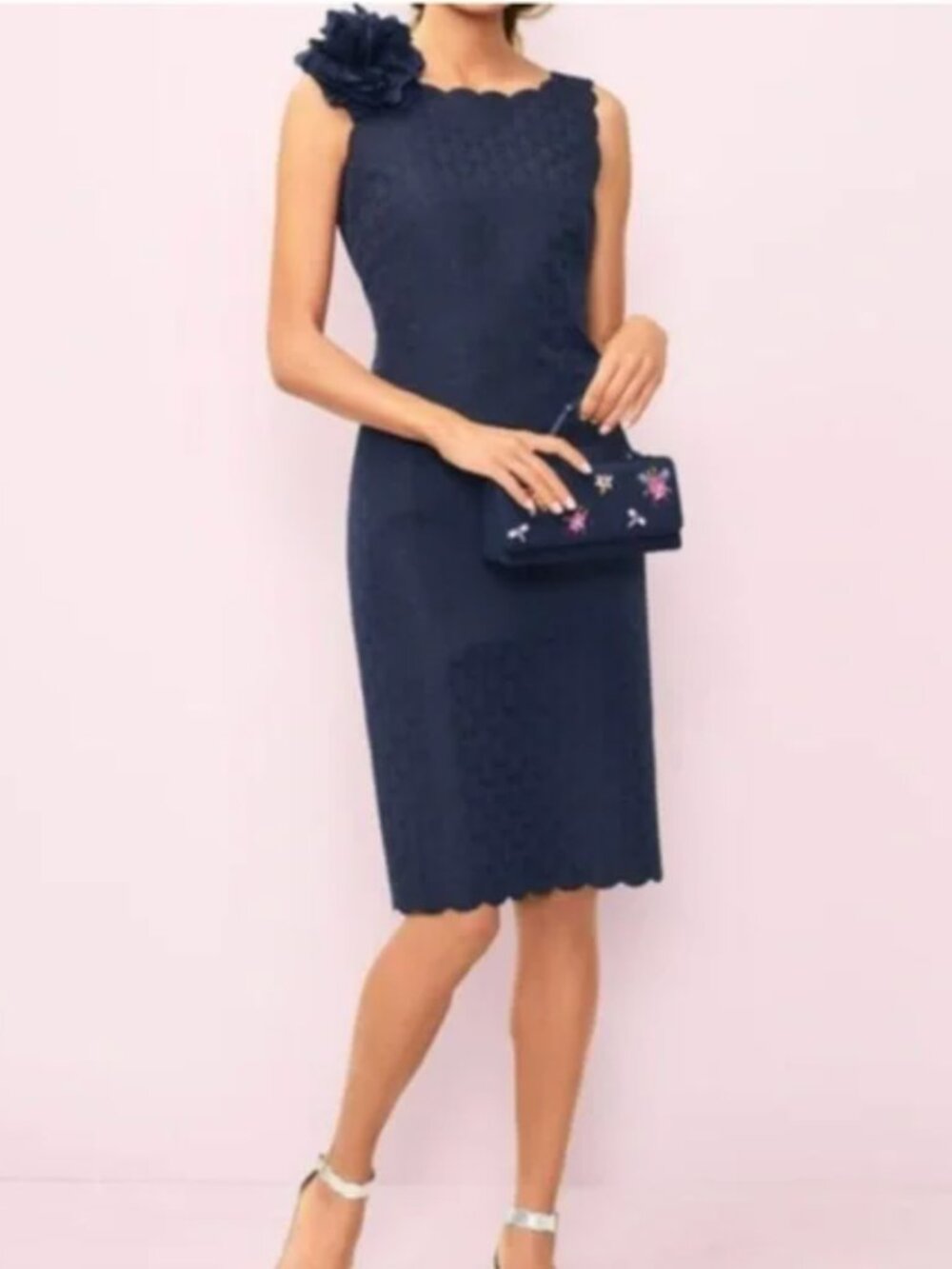 RSVP by Talbots Jacquard Sheath Scalloped Indigo Sleeveless Cocktail Dress 12P